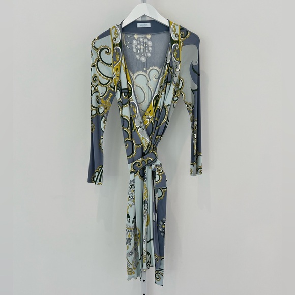 EMILIO PUCCI BLUE GRAY PRINT WRAP DRESS SIZE MODEL 66RH11 IT 42 / US 8 NWOTS! - Picture 2 of 13